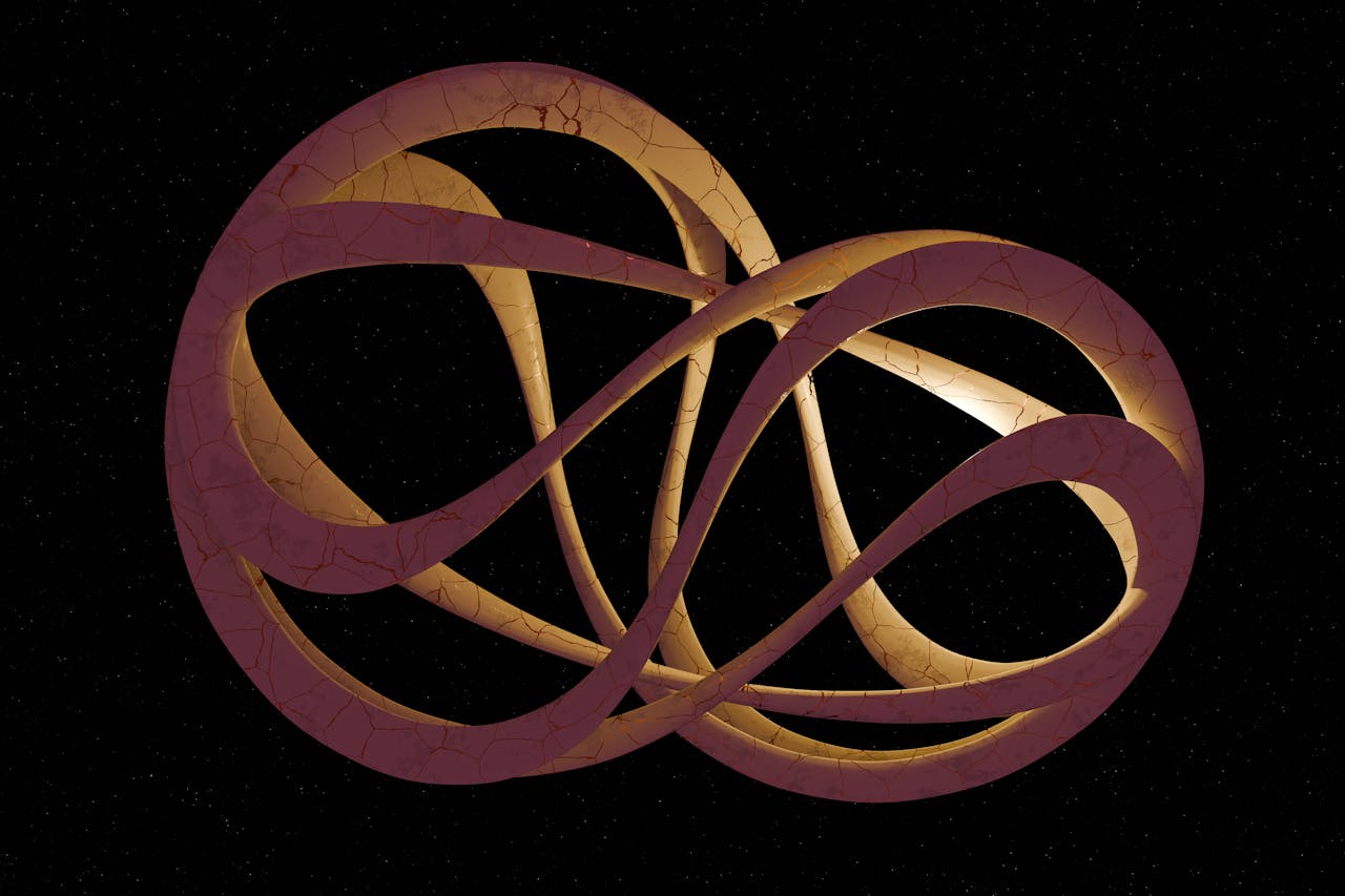 3D artwork featuring an abstract sculpture with intertwined loops against a starry background.